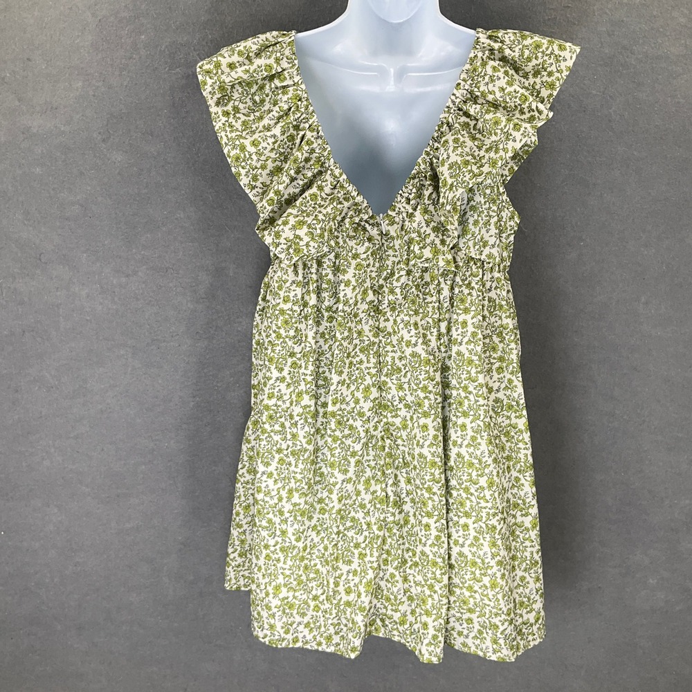 Green Dainty Floral Ruffle V Neck Mini Dress Black Tie Babydoll Cottagecore Boho - Picture 2 of 8